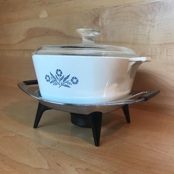 Vintage Corning Ware Casserole Dish: Blue Cornflower, 1.75 Quart, with Candle Warmer