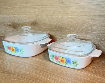 Vintage Corning Ware Casseroles: Summer Blush Pansies 2 Liter and 1 Liter Dish with Covers