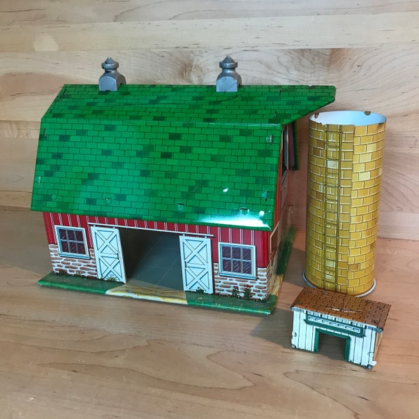 Vintage Lazy Day Farm Midcentury Marx Toys Metal Lithograph Barn Silo Toy with Accessories