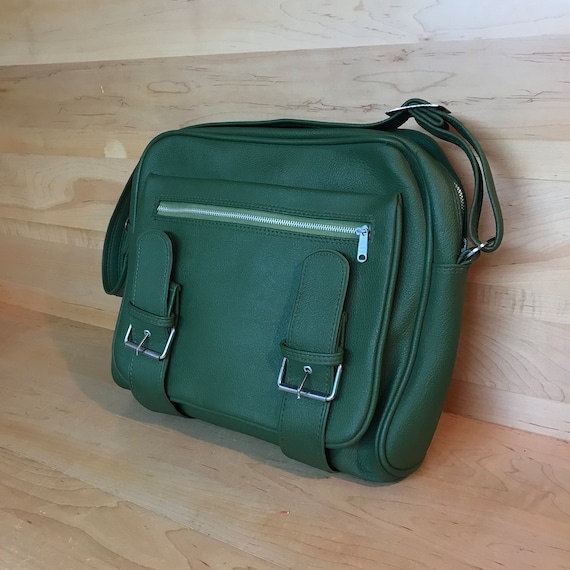 Vintage Flight Bag Midcentury Avocado Green Leath… - image 1