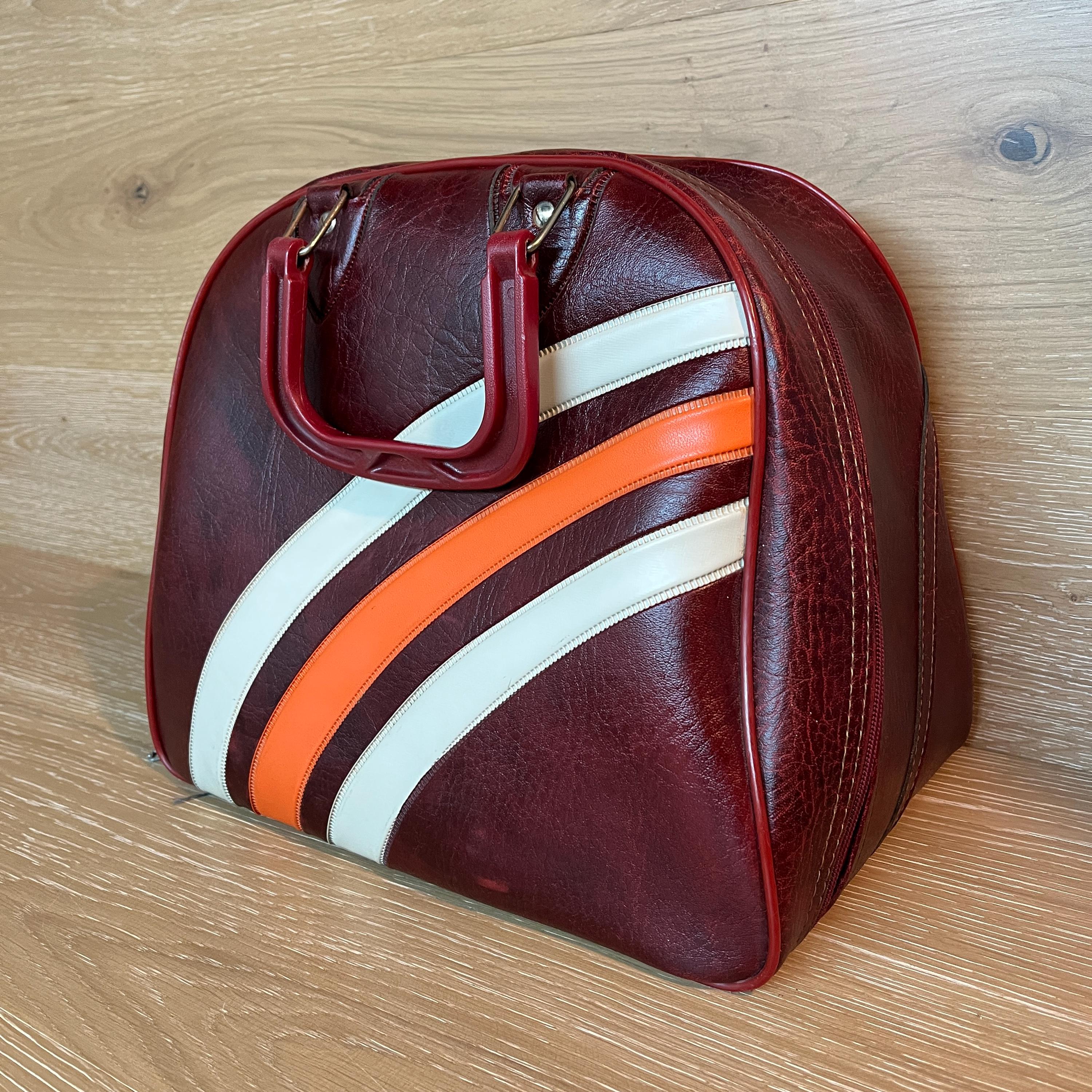 Vintage Bowling Ball Bag: Retro Burgundy White Orange Leather-look