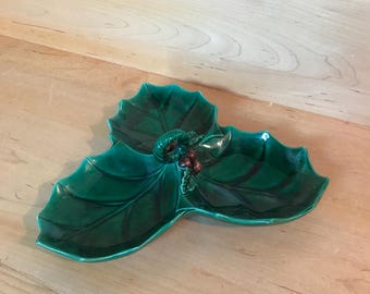 Vintage Ceramic Holly Leaf Christmas Tree Candy Dish Midcentury Lefton Christmas Table Accessories