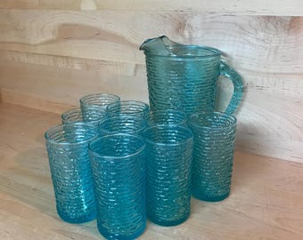 Vintage Anchor Hocking Soreno Beverage Set Aquamarine Teal Blue Pitcher and Tumblers Glassware Barware Highball Iced Tea Lemonade Service