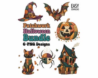 Patchwork Halloween-clipartbundel: 6 spookachtige png-ontwerpen (digitale download)