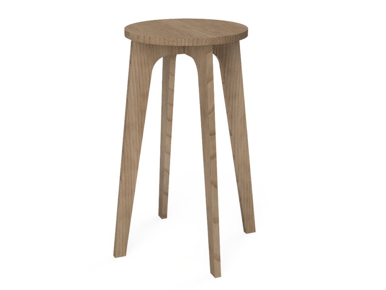 May include: A wooden stool with a round top and three legs. The stool is made of light brown wood and has a natural finish.