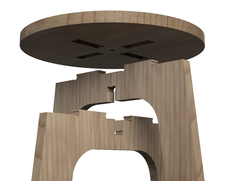 May include: A wooden stool disassembled into its individual parts, showing the interlocking design of the legs and the top. The top is round and has a small hole in the centre.