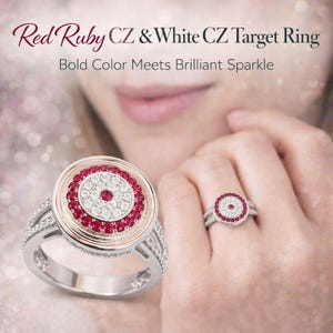 Peut inclure: Bague en argent avec un motif cible ornée de rubis rouges et de pierres CZ blanches. La bague a un bord doré et est présentée sur une main. Le texte indique "Red Ruby CZ & White CZ Target Ring" et "Bold Color Meets Brilliant Sparkle."