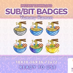 Badges Ramen for twitch youtube discord / cute bit badges for streamer emotes cheer badges stream graphics japanese style