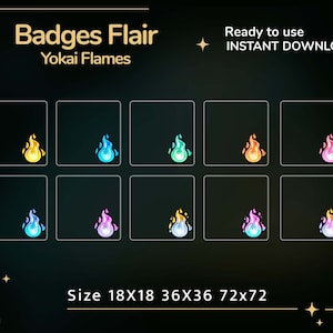 Op de afbeelding: Een set van negen digitale badges met vlammen in verschillende kleuren, waaronder rood, oranje, geel, blauw, groen, paars en roze. De badges zijn verkrijgbaar in drie maten: 18x18 pixels, 36x36 pixels en 72x72 pixels. De tekst "Badges Flair Yokai Flames" staat bovenaan de afbeelding.