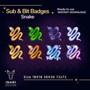 May include: Set of 8 digital snake badges in various colours, including gold, green, black, white, blue, and purple. The badges are in different sizes: 18x18, 36x36, and 72x72 pixels. The badges are designed for use on Twitch, YouTube, and other social media platforms.