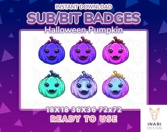 May include: A digital graphic featuring six cartoon Halloween pumpkin badges in various colors: purple, pink, blue, and teal. Each pumpkin has a smiling face and a stem. Text includes "SUB/BIT BADGES" and "Halloween Pumpkin."
