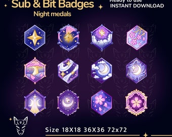 Purple Medals Twitch Badges for your community : Night Sky with Pink Flowers, stars and moon (Digital Download)