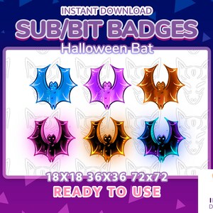 May include: Six different colored digital badges featuring a cartoon bat with glowing eyes. The badges are in blue, purple, orange, pink, gold, and purple. The text "18x18 36x36 72x72" and "READY TO USE" are below the badges. The text "INARI DESIGN" is in the bottom right corner.