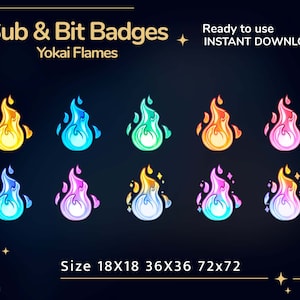 Yokai Sub badges for Twitch or Youtube | Flame Bit Badges | for streamers | japanese badges | cute channel | blue | yellow