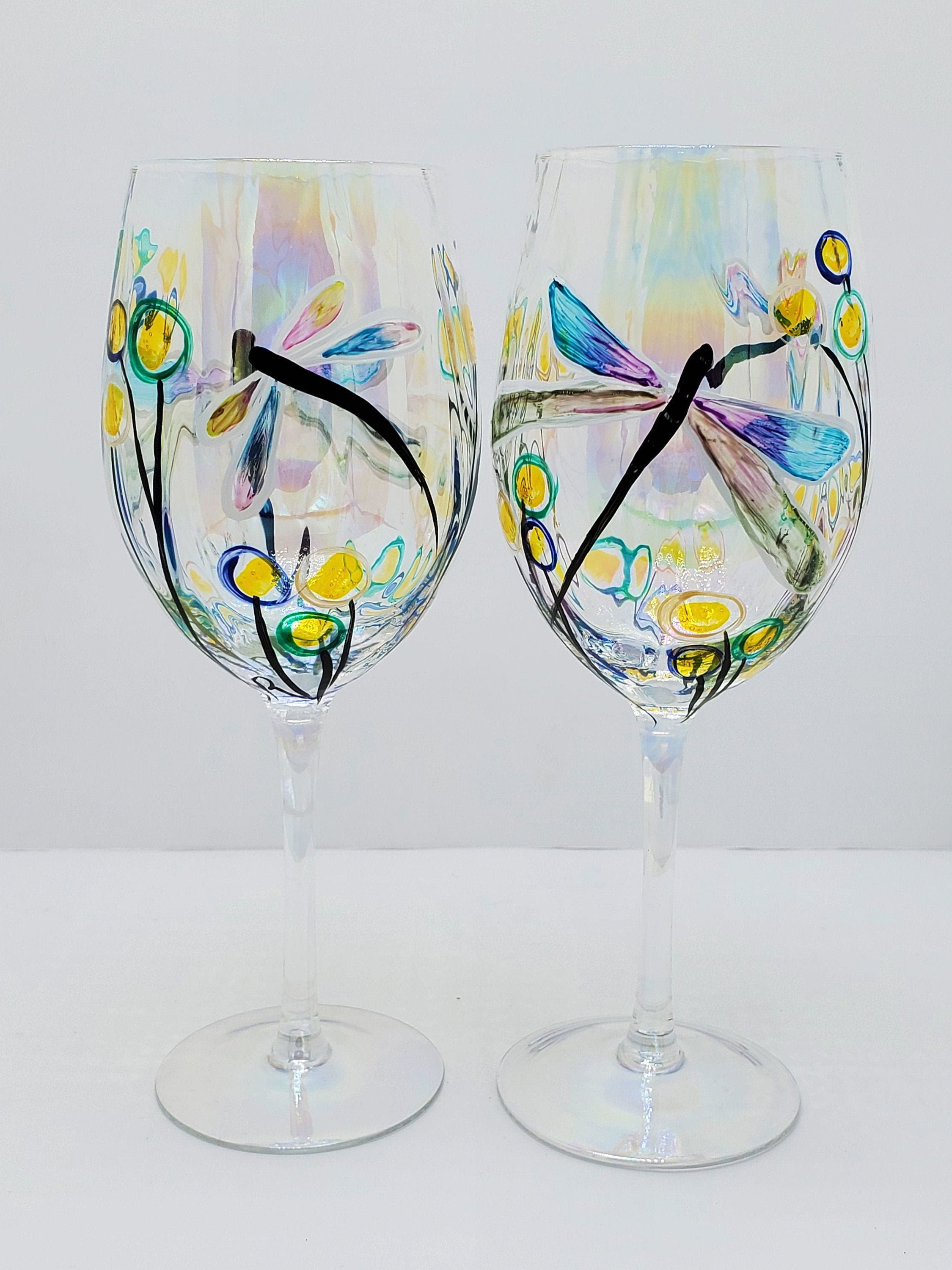Iridescent Dragonflies Hand Painted Wine Glasses Etsy