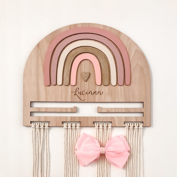 Personalized Rainbow Bow Headband Clip Holder | Gift for Girl Birthday | Pink Gold Neutral Bow Headband Clip Organizer