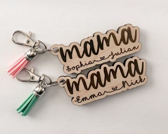 Personalized Mama Keychain | Gift for Mom | Mothers Day Gift | Mama Keychain with Kids Names | Wooden Mama Keychain