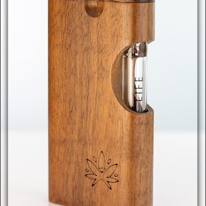 My Toke Life Cutout Dark Walnut Dugout w/3&quot; Glass Mini Hitter - Swivel Top - Made in USA - Lifetime Warranty