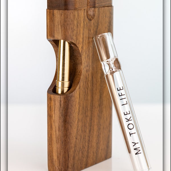 My Toke Life Cutout Dark Walnut Dugout (Bundle) w/3" Glass Mini Hitter & 3.25" Brass Bat - Swivel Top - Made in USA - Lifetime Warranty