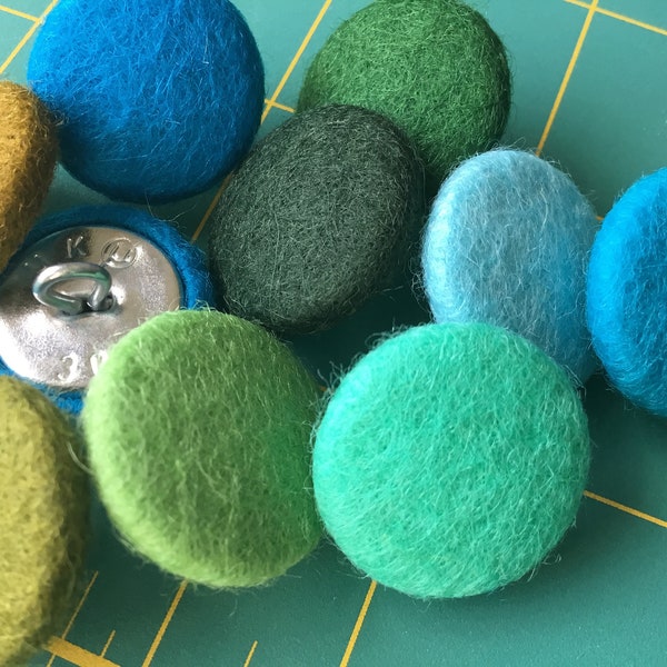 19mm Felt Buttons 100% Wool Hand Covered Metal Shank & Loop Back 70+ Fabric Cover Ocean Colours Green Blue Moss Pine Fern Sea Aqua DuckEgg