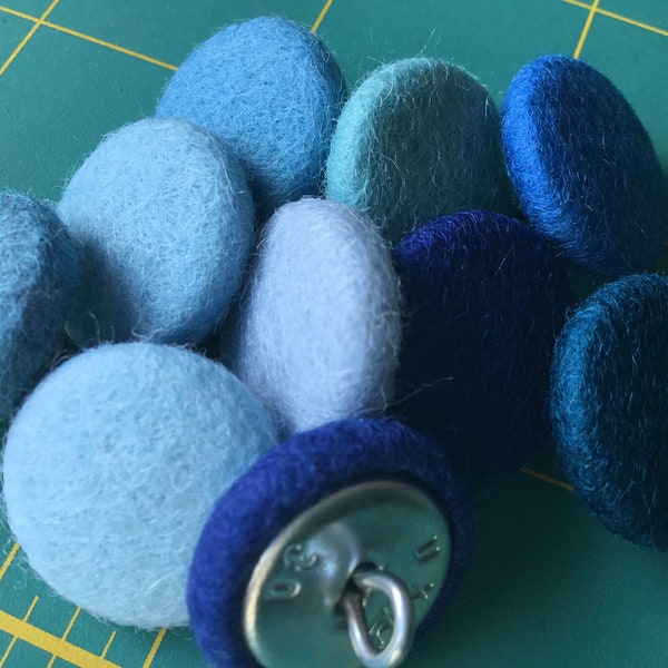 28mm Felt Buttons 100% Wool Hand Covered Metal Shank & Loop Back 70+ Fabric Cover Blue Colours Light Dark Pale Sapphire Cobalt Sky Denim Sky