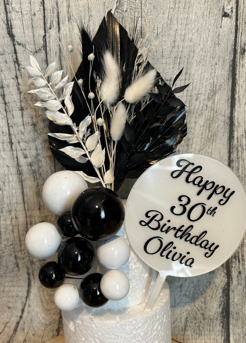 Black & White Dried Flower Cake Topper, Mini Bouquet, Small Palm Spear