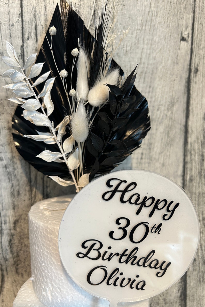 Black & White Dried Flower Cake Topper, Mini Bouquet, Small Palm Spear