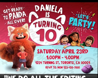 Turning, Red Birthday Invite, Personalized Turning-Red, Custom Red Panda digital invite, Printable Digital Invite, Turning-red