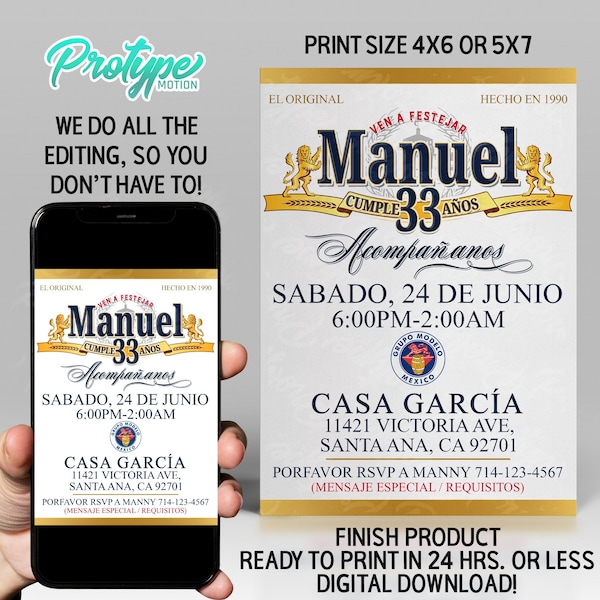 Modelo Beer Invitation Spanish or English, digital download, Modelo Invitation, Personalized invitation, Birthday, Made to Order, digital
