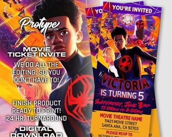 Spiderman across the Spider-verse Birthday Invitation - Miles Morales Birthday Invitation Spider man invite Movie Ticket, digital download