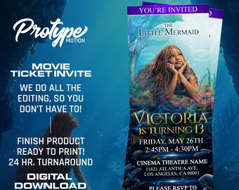 Mermaid Birthday Invitation, Mermaid Invite, Princess Birthday Party Invites, Little Mermaid, Evite, Made to Order, Movie Ticket invite