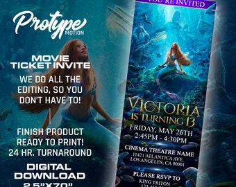 Mermaid Birthday Invitation, Mermaid Invite, Princess Birthday Party Invites, Little Mermaid, Evite, Made to Order, Movie Ticket invite