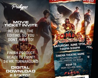 Flash Party Movie Ticket Invitation Flash Super hero Party Invite bat, man Party Ticket Invitation Movie Theater Invitation, Movie Ticket