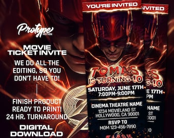 Zaproszenie na bilet do kina Flash Party Flash Super Hero Party Zaproszenie na bilet do kina Zaproszenie do kina, Bilet do kina