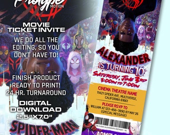 Spiderman across the Spider-verse Birthday Invitation - Miles Morales Birthday Invitation Spider man invite Movie Ticket, digital download