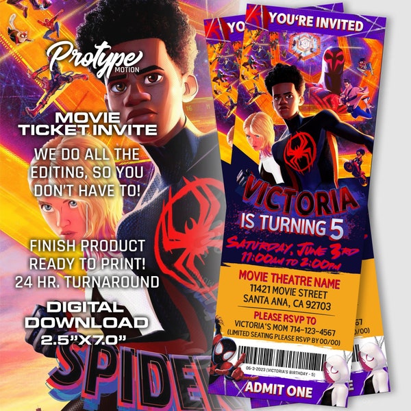 Spiderman across the Spider-verse Birthday Invitation - Miles Morales Birthday Invitation Spider man invite Movie Ticket, digital download