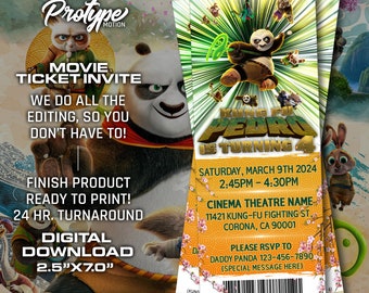 Zaproszenie na bilet do kina urodzinowego Kung Fu Panda 4, cyfrowe zaproszenie na bilet do kina Kung Fu Panda 4, zaproszenie do wydrukowania, bilet do kina.