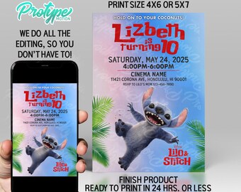 Zaproszenie Lilo i Stitch, zaproszenie do filmu Lilo, Stitch, zaproszenie urodzinowe, wykonane na zamówienie, pobranie cyfrowe, możliwość dostosowania zaproszenia do filmu