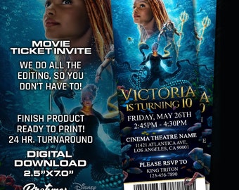 Mermaid Birthday Invitation, Mermaid Invite, Princess Birthday Party Invites, Little Mermaid, Evite, Made to Order, Movie Ticket invite