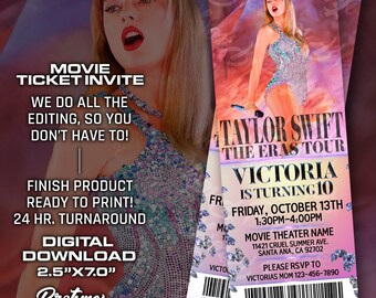 Taylor Swift Eras Tour Birthday Invitation Template, Birthday Invite, Movie Ticket, Souvenir, Printable Gift, Digital Download made to order