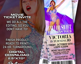 Taylor Swift Eras Tour Birthday Invitation Template, Birthday Invite, Movie Ticket, Souvenir, Printable Gift, Digital Download made to order