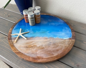 Acacia Wood Resin Lazy Susan: Handmade Ocean Wave Tray 12”