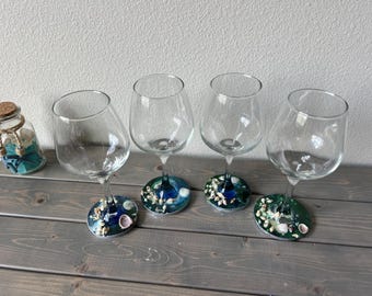 Handmade Coastal Wine Glass Set: Seashell Resin Base, Beach House Decor