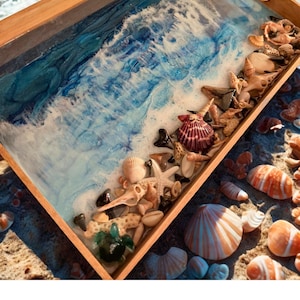 Coastal Resin Serving Tray with Seashells & Starfish - Handmade Wood Base. Made to order