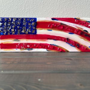 USA Flag Canvas Wall Art – Handmade 12”x4” Resin & Glass American Flag | Patriotic Decor for Home or Office