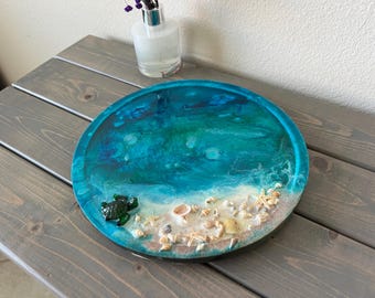 Acacia Wood Resin Lazy Susan: Ocean Decor with Shells