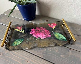 Pressed Flower Resin Tray: Handmade Botanical Decor with Gold Handles