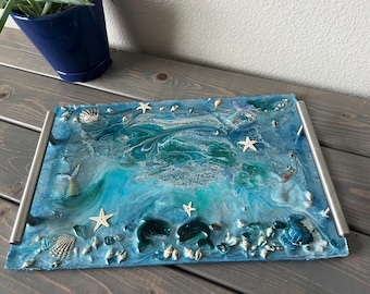 Handmade Ocean Resin Tray: Coastal Decor Serving Tray with Shells
