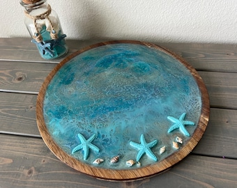 Acacia Wood Resin Lazy Susan: Ocean Decor with Shells and Sea Turtle 12 inch round