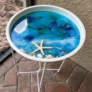 Resin Ocean Beach Theme Side Table - Removable Tray – Foldable Aluminum Base